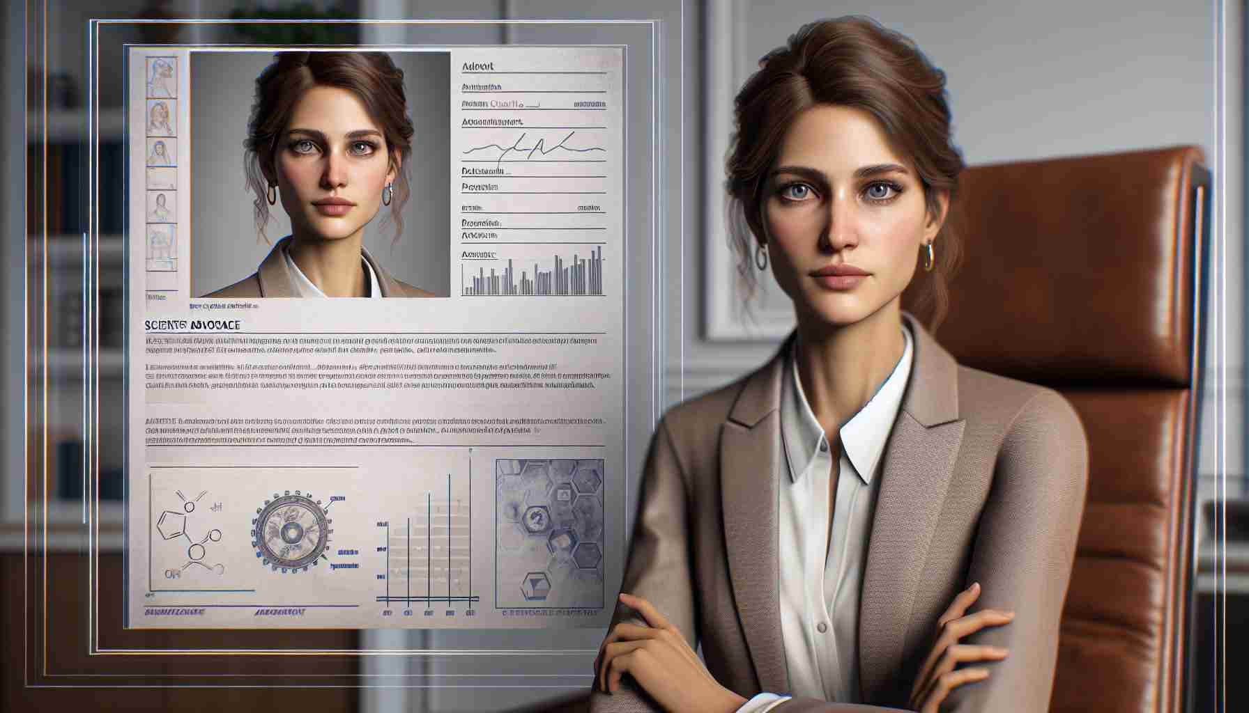 Create a realistic HD digital portrait of an influential female scientist advocate. She should have a poised demeanor, displaying an aura of wisdom and advocacy. In the frame, there should be subtle hints of her scientific background, perhaps documents with scientific notations or charts. Also, her attire should mirror the professional demand of her role and she should be posed in an indoor setting that looks like a study or office. Note: This is a fiction character, not based on any real-life individual.