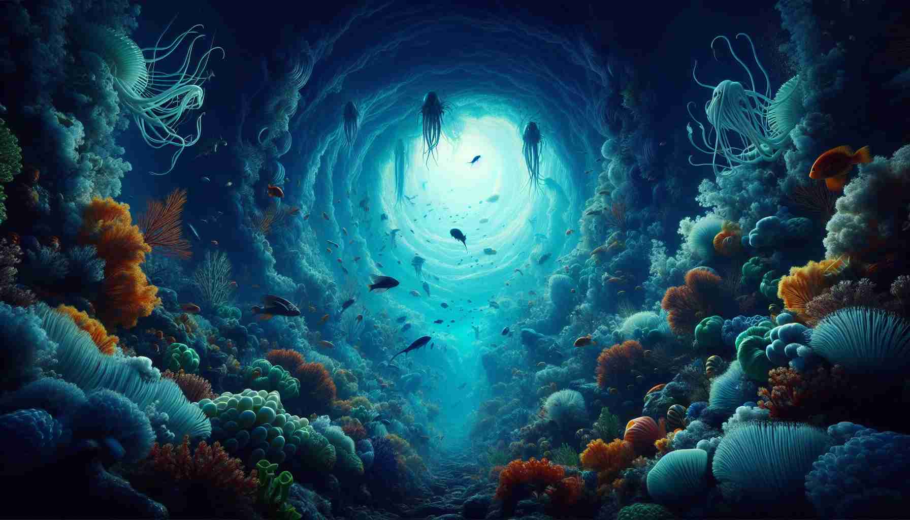 A high-definition, realistic portrayal of the deep sea's intriguing mysteries. This scene encapsulates an adventurous underwater journey, revealing the vibrant and unique marine life that dwells in the abyss, mystical underwater plants that glow in the dark, marvellous creations of coral reefs and the fascinating play of light and shadow under the water surface. Brightly coloured schools of fish, elusive octopi hiding amidst the corals, and the solemnity of the sea itself painted with shades of blue and green ballooning towards the infinite depths.