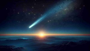 Create a hyper-realistic High Definition image depicting an awe-inspiring scene where a comet streaks across the sky, trailing its glowing tail behind it. The sky gradually transitions from inky black at the zenith to soft navy blues near the horizon. Sparkling stars are scattered across the firmament, their light dimmed by the brilliant glow of the comet, which commands the viewers' attention. The comet's fiery path brilliantly contrasts against the calm, serene vastness of the night sky. This image should instill a sense of the grandeur of celestial events.