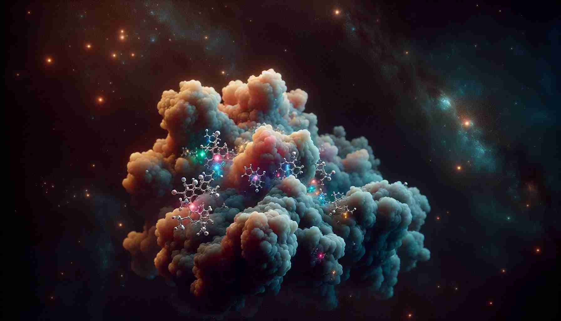 Highly-detailed realistic visualization of a distant space cloud, illuminating with varied hues of cosmic colors. Several unique organic molecules are subtly visible floating in the cloud, each rendered in fine detail to highlight its intricate structure. The background is sprinkled with countless stars, making a stark contrast against the dark vastness of the universe.