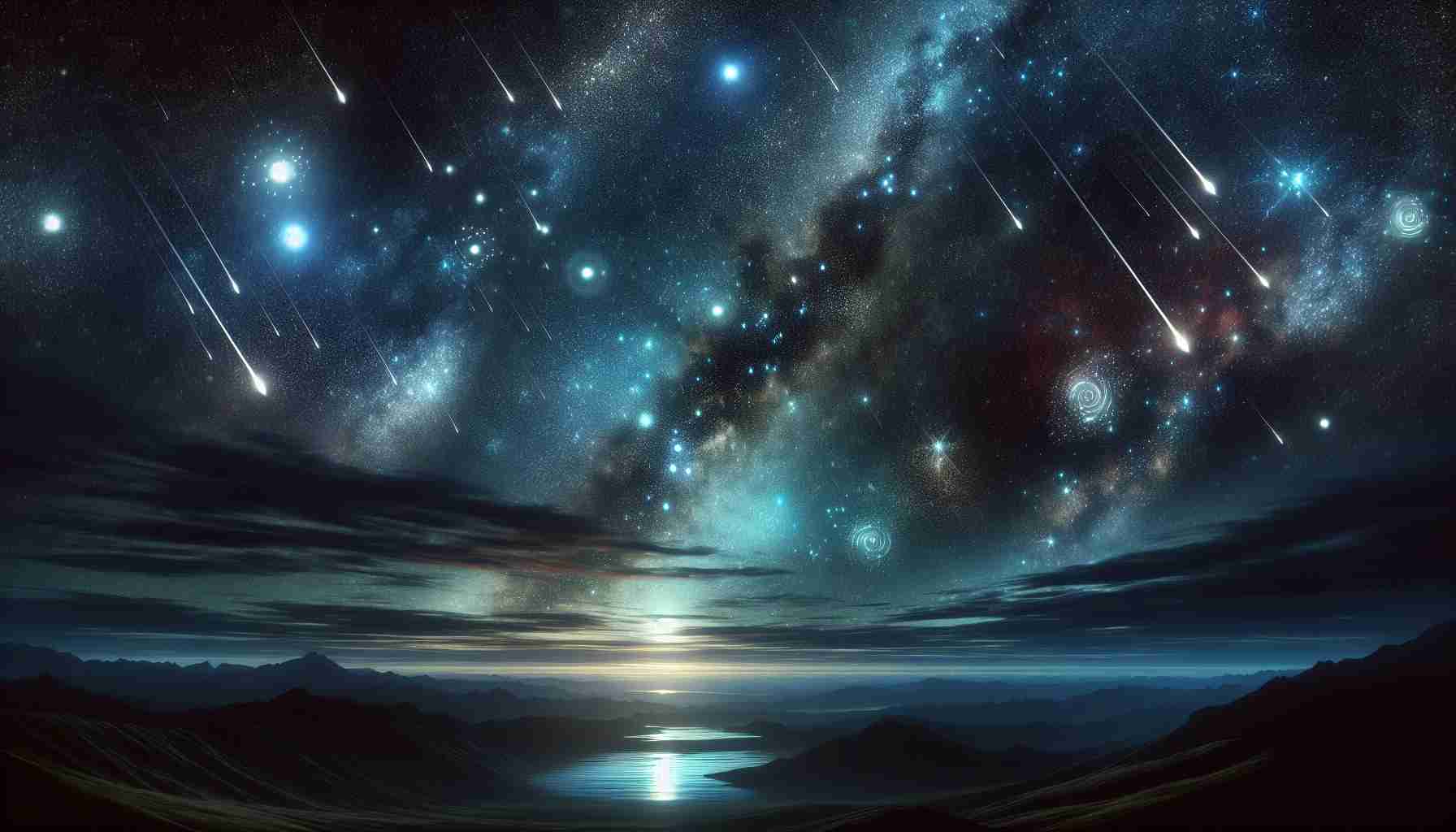 Produce a highly-detailed, realistic image of a stargazing scene referred to as 'The Harmony of the Stars: A Celestial Concert'. The night sky should be dotted with stars that interact harmoniously, creating an impression of a grand, heavenly concert. Each star may seem to play its 'note' in this cosmic melody through its flicker or twinkle, contributing to an overall effect of symphony. A few streaks of shooting stars, like virtuoso performers, could be seen fleeting across the sky, adding heightened dynamics to the composition. On the earthly foreground, there might be silhouettes of rolling hills, or perhaps a serene lake reflecting the astral concert.