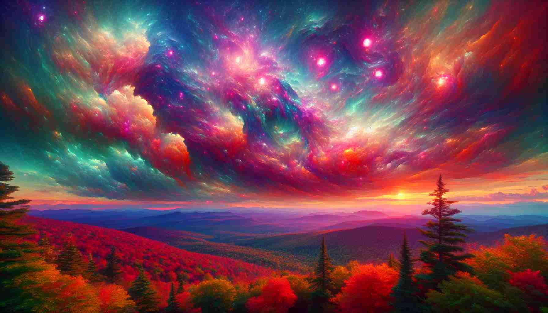 Generate a High-Definition realistic image showcasing an ethereal spectacle in the vibrant sky of New Hampshire. It should depict an atmospheric phenomenon that has a dreamlike quality, against the backdrop of the lush and multifaceted natural landscape of New Hampshire. Include rich colours and intricate patterns in the sky.