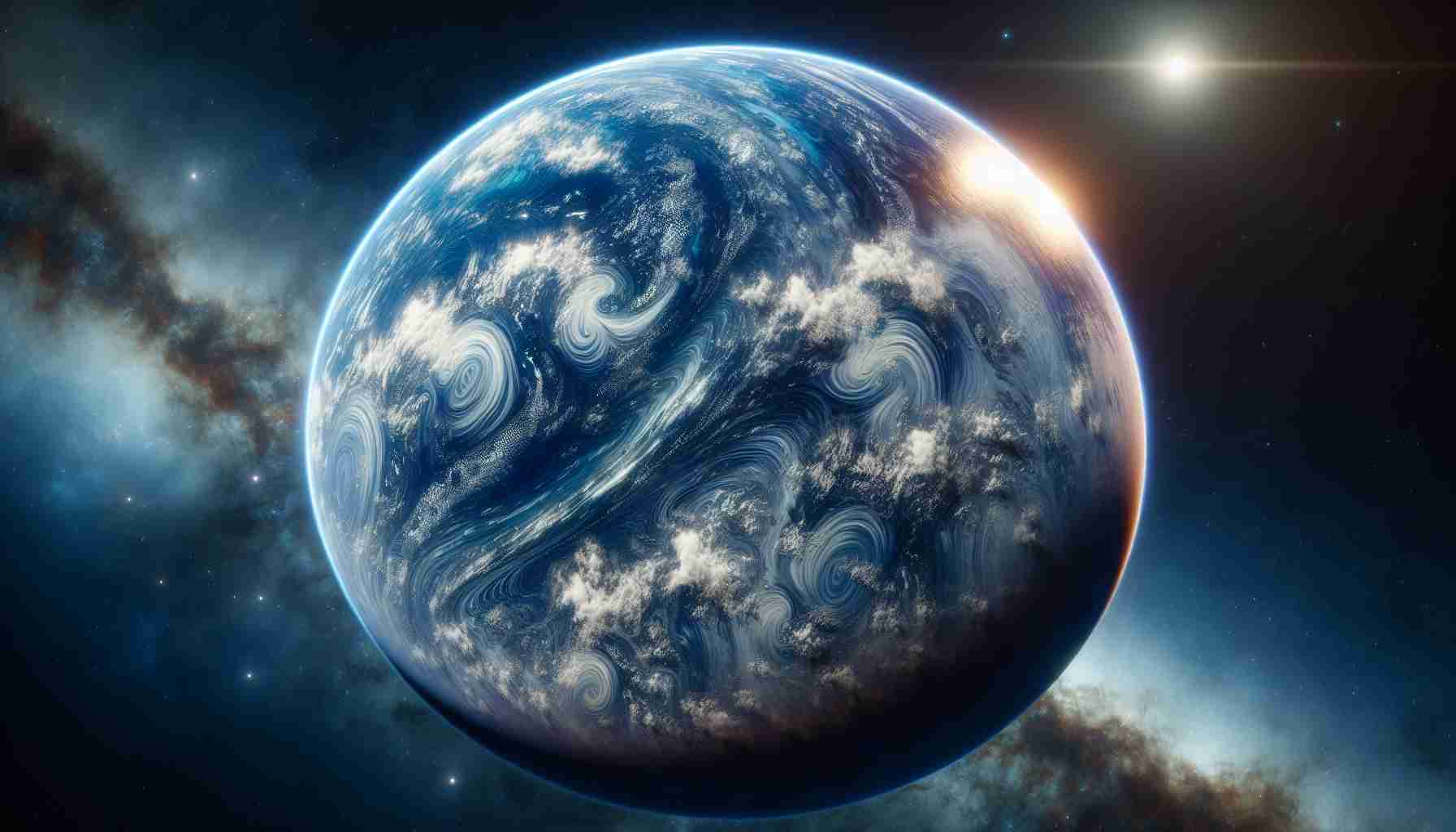 Create a realistic high-definition image that captures a glimpse into the atmosphere of an exoplanet rich in water. The planet should boast colors and patterns reflecting the prevalence of water, with swirling clouds creating intricate patterns and shades of blue dominating the landscape. The scene should convey the sense of mystery, vastness, and unexplored frontier that is characteristic of outer space.