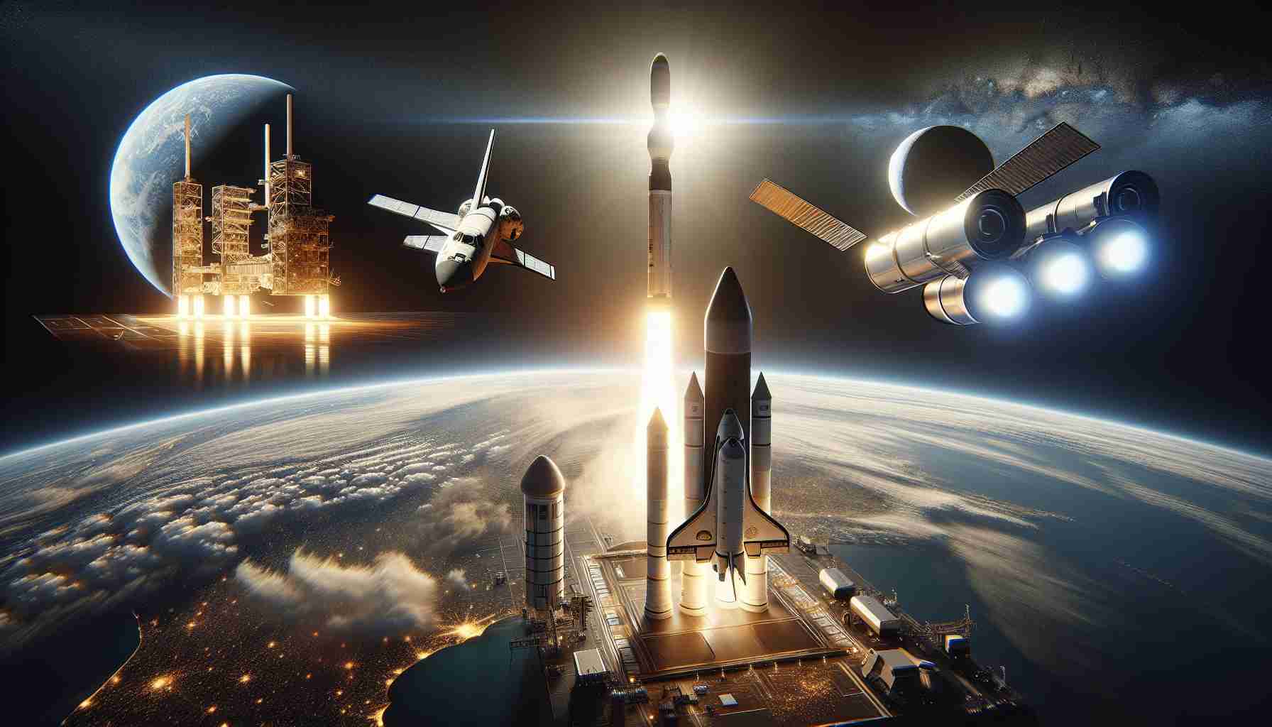 A highly detailed and realistic rendering of several milestones achieved by a leading private space exploration company. The image could showcase a successful rocket landing back on the launch pad, the first crewed flight to the International Space Station from U.S. soil since the retirement of the Space Shuttle, and a prototype vehicle for interplanetary travel taking test flights. These elements might be displayed against a backdrop of Earth's glowing horizon as seen from space, symbolizing the transition to a new era of space exploration.