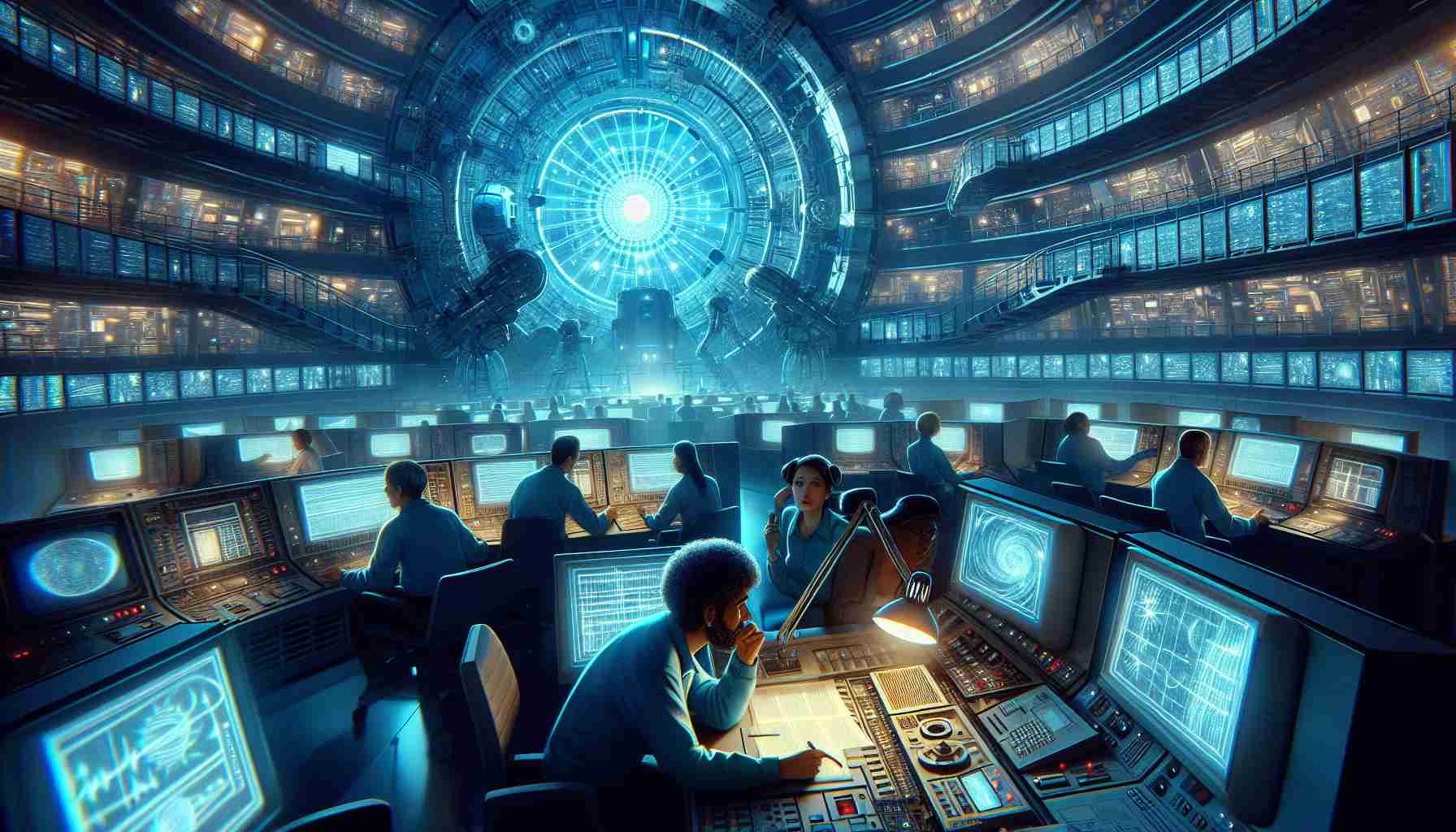 An imaginary depiction of the moment astronomers detect a mysterious cosmic signal of unprecedented length. Picture a highly advanced, space observatory with numerous intricate controls and large monitors displaying complex astronomical data. The room is awash in the cool glow of the screens, filled with a cacophony of subtle beeps and whirrs from the machines. A group of astronomers, consisting of a Hispanic female using the controls, a Black male studying the monitors, and a Middle-Eastern female noting down observations, are working diligently in their mission. They share a mixture of excitement and profound curiosity, their faces illuminated by the enigmatic cosmic signal displayed on the screens.