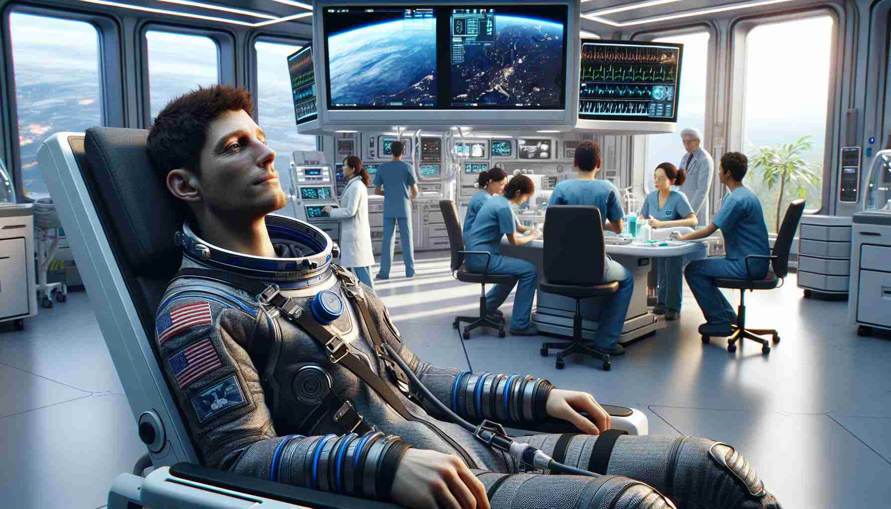 Generate a high-definition, realistic image of an astronaut of undisclosed descent and gender sitting relaxed in a recovery chair. The astronaut has spent an extensive period in space, setting a new record. They are in a recovery room filled with advanced medical facilities. Medics and scientists of various genders and descents busy around looking at different screens showing the astronaut's health data. The astronaut, clad in a suit, has a tired but content expression on their face. The logo of a fictional space exploration organization is visible on their suit. A view of Earth is visible through a large window in the background.