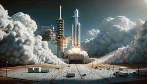 A high-definition realistic portrait of a moment of anticipation, depicting a heavy-duty spacecraft, resembling the SpaceX Falcon Heavy in design, prepared for launch. The scene is set at a modern spaceport, with the monumental rocket standing majestically on the launchpad. The destination is specified as an exploration voyage to one of Jupiter's moons, Europa. The image captures thick plumes of white exhaust clouds swirling from the base, the blue sky providing a stark contrast. Personnel busily moving around the pad area showcase the rush before the launch. The atmosphere is charged with excitement of new discoveries that await.