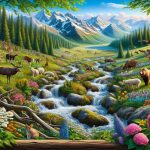 Detailed high definition image capturing the scenic beauty of nature through the lens of a camera. The scene should portray a diverse range of animals and plants thriving in their natural habitats. Features such as babbling brooks, towering trees, vibrant flowers, rocky mountains, and lush green fields should also be presented prominently. The image should, collectively, capture the harmony between the elements of water, earth, sky, flora, and fauna, and exudes the tranquillity of the wild.