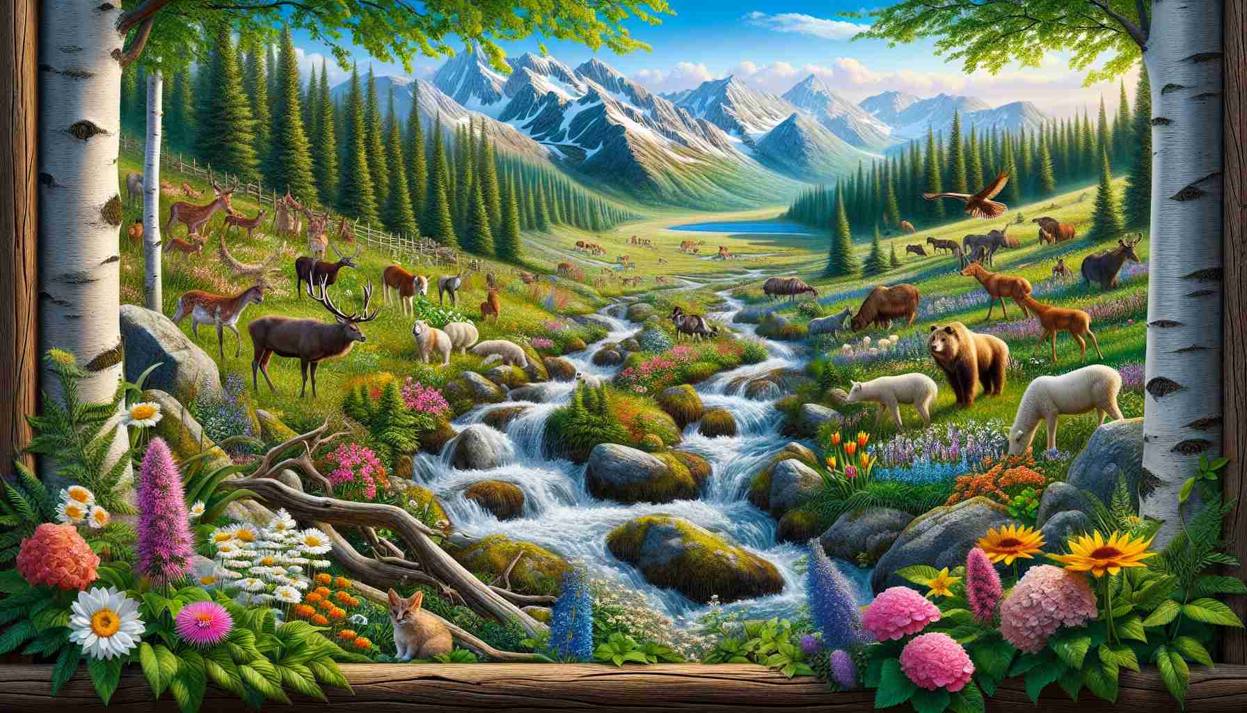 Detailed high definition image capturing the scenic beauty of nature through the lens of a camera. The scene should portray a diverse range of animals and plants thriving in their natural habitats. Features such as babbling brooks, towering trees, vibrant flowers, rocky mountains, and lush green fields should also be presented prominently. The image should, collectively, capture the harmony between the elements of water, earth, sky, flora, and fauna, and exudes the tranquillity of the wild.