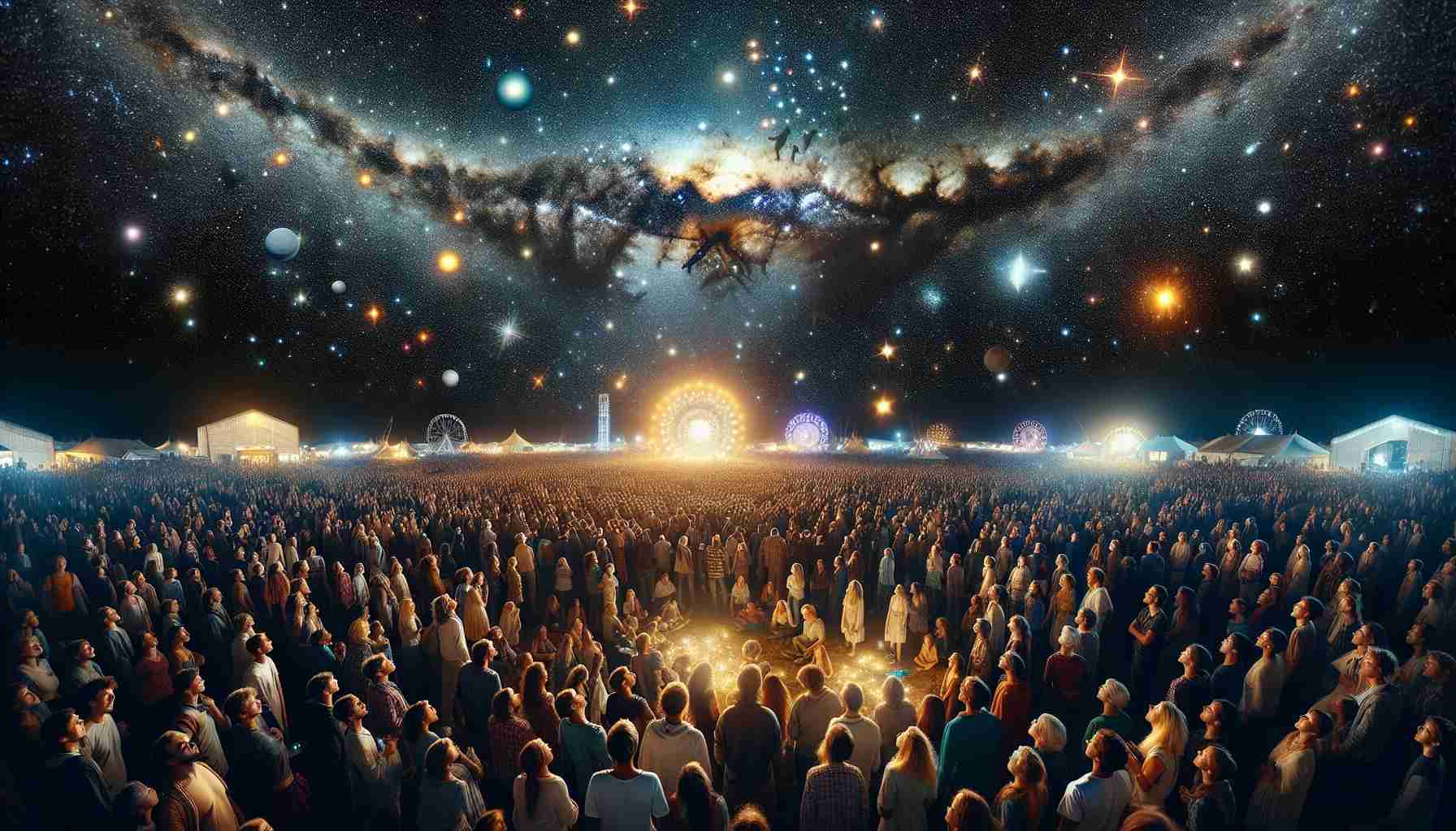 Create a photorealistic high-definition image depicting an astronomical event at a celebration dedicated to cosmos. The picture should be filled with people on a clear night, all looking up, captivated by the countless stars and celestial bodies illuminating the pitch-black sky. The festival scene should be filled with laughter, excitement, and a myriad of colors as people from all walks of life are coming together to marvel at the universe and its infinite beauty.