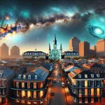 Generate a hyper-realistic HD image of an extraordinary celestial event unfolding in the skies above the cityscape of New Orleans. Show the buildings contrasted against the event with some characteristic features like Creole townhouses, iron balconies, and St. Louis Cathedral. Ensure that the celestial event is unique, perhaps a phenomenon like a bright comet passing close to the Full Moon, a visibility of the Milky Way Galaxy, or a meteor shower. The mystery and allure should be palpable, and the entire scene must blend urban charm with celestial wonder.