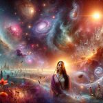 Create a realistic, high-definition image capturing the figurative cosmic journey of a South Asian woman named Maya Patel. She stands in the center, her eyes closed, emanating a calm aura. Around her, a stunning cosmic scene unfolds—vibrant nebulae, glowing stars, swirling galaxies, and distant planets. Exotic alien flora and fauna, representative of her journey, pepper the landscape. The scene melds reality and dreamlike elements, reflecting Maya's adventurous spirit and her intimate connection with the universe. Consider adding symbolic elements referencing South Asian culture to showcase her heritage.