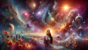 Create a realistic, high-definition image capturing the figurative cosmic journey of a South Asian woman named Maya Patel. She stands in the center, her eyes closed, emanating a calm aura. Around her, a stunning cosmic scene unfolds—vibrant nebulae, glowing stars, swirling galaxies, and distant planets. Exotic alien flora and fauna, representative of her journey, pepper the landscape. The scene melds reality and dreamlike elements, reflecting Maya's adventurous spirit and her intimate connection with the universe. Consider adding symbolic elements referencing South Asian culture to showcase her heritage.