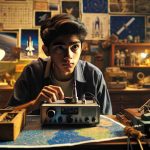 Generate a realistic, high definition image illustrating a teenage boy of South Asian descent who is immersed in his quest to contact astronauts. Show him in his room filled with paraphernalia associated with space exploration like star charts, model rockets, and a ham radio setup. His eyes are filled with determination and wonder as he zealously works on his radio equipment, trying to establish a connection with astronauts in space.