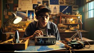 Generate a realistic, high definition image illustrating a teenage boy of South Asian descent who is immersed in his quest to contact astronauts. Show him in his room filled with paraphernalia associated with space exploration like star charts, model rockets, and a ham radio setup. His eyes are filled with determination and wonder as he zealously works on his radio equipment, trying to establish a connection with astronauts in space.