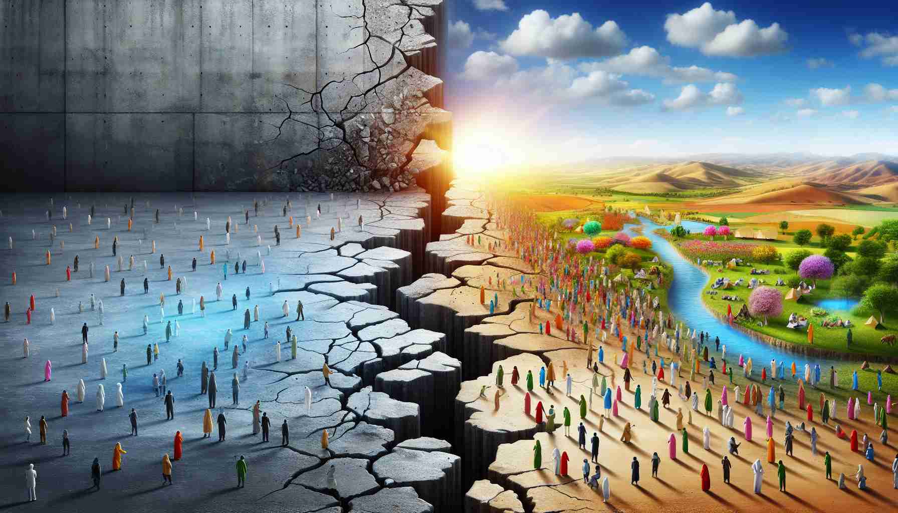 Realistic, high-definition image representing the theme of redefining boundaries and embracing unity in a divided world. Perhaps showcase a concrete wall, symbolizing division, with cracks forming in it, illustrating the breakdown of barriers. On one side of the wall, show a gray, bleak landscape, representing a divided world. On the other side, depict a vibrant, colorful landscape of unity, with people of diverse descents and genders cooperating and thriving in harmony. Imagine a horizon symbolizing a brighter future uniting the two sides, the sign of new beginnings.