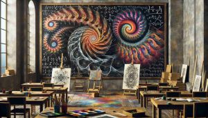 A finely detailed scene exploring the intersection of mathematics and art. This includes a high-resolution rendering of mathematical equations artistically drawing themselves in colorful chalk on a vast blackboard. The equations form complex, geometric patterns, spirals, and fractals, reminiscent of mesmerizing works of abstract art. Around the blackboard, there is a lively, creative studio atmosphere with canvases bearing geometric formulas transforming into vibrant, visual patterns. Brushes dipped in paint, ready to reveal intricate mathematical concepts through the medium of art.