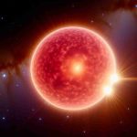 Render a high definition, realistic representation of the star Betelgeuse with new scientific revelations about its brightness. Depict it against the backdrop of the space, showcasing its immense size, reddish color, and unprecedented luminosity, based on the most recent astronomical findings.