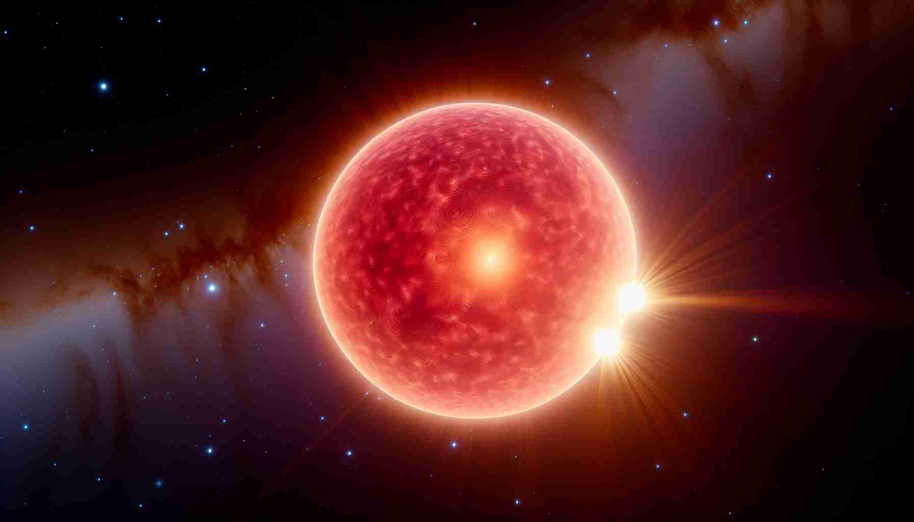 Render a high definition, realistic representation of the star Betelgeuse with new scientific revelations about its brightness. Depict it against the backdrop of the space, showcasing its immense size, reddish color, and unprecedented luminosity, based on the most recent astronomical findings.