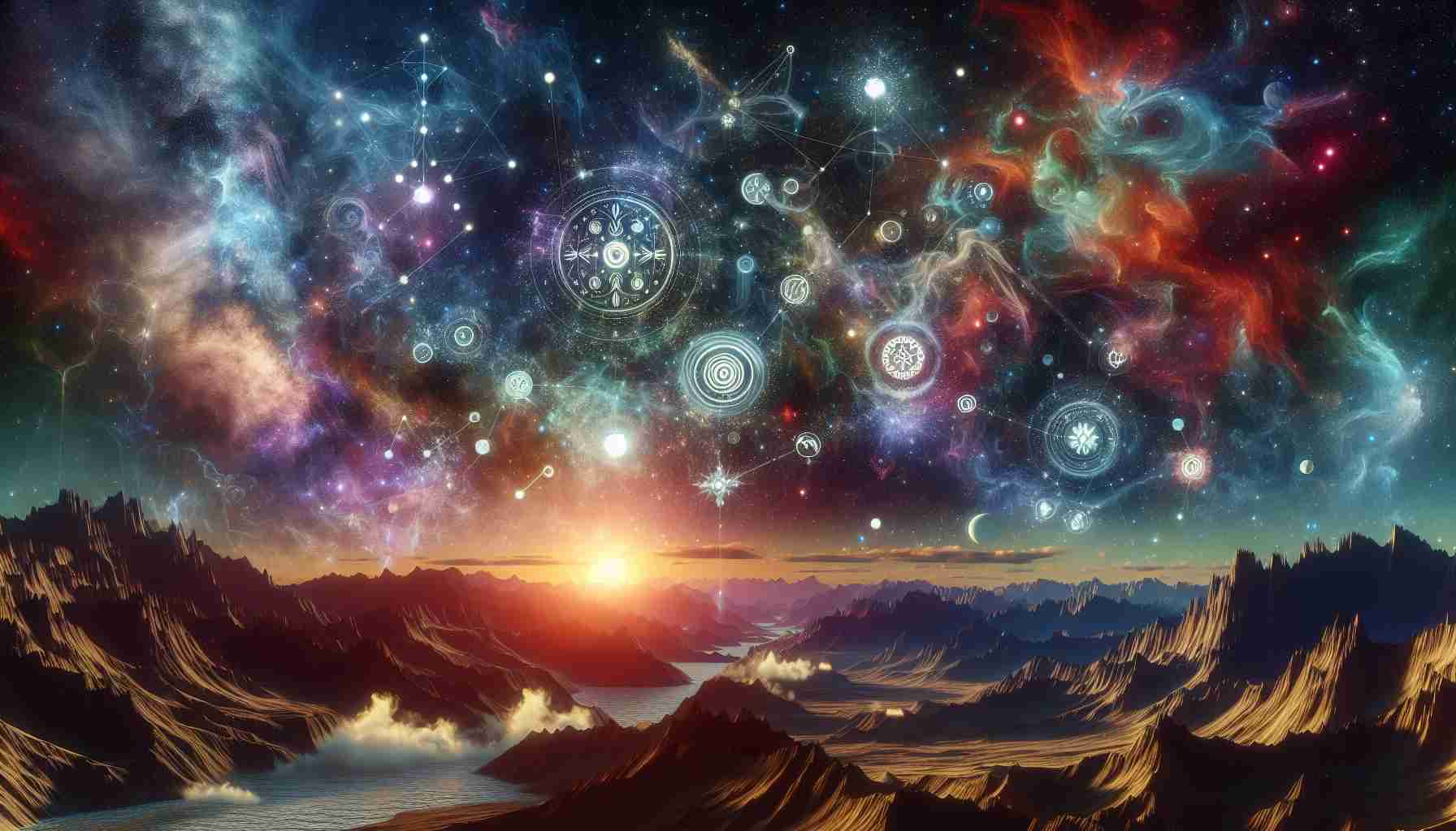 High-definition and realistic image of a conceptual interpretation of the interstellar legacy of Indigenous peoples. Showcase the scene with symbols and concepts traditionally associated with Indigenous cultures: starry constellations storying ancestral knowledge, sacred artifacts, and tribal motifs. Create spectral colours painting the night sky, planetary bodies, and cosmic bursts intertwined with earthy elements like rugged terrains and lush greenery that may symbolise their connection to Earth.