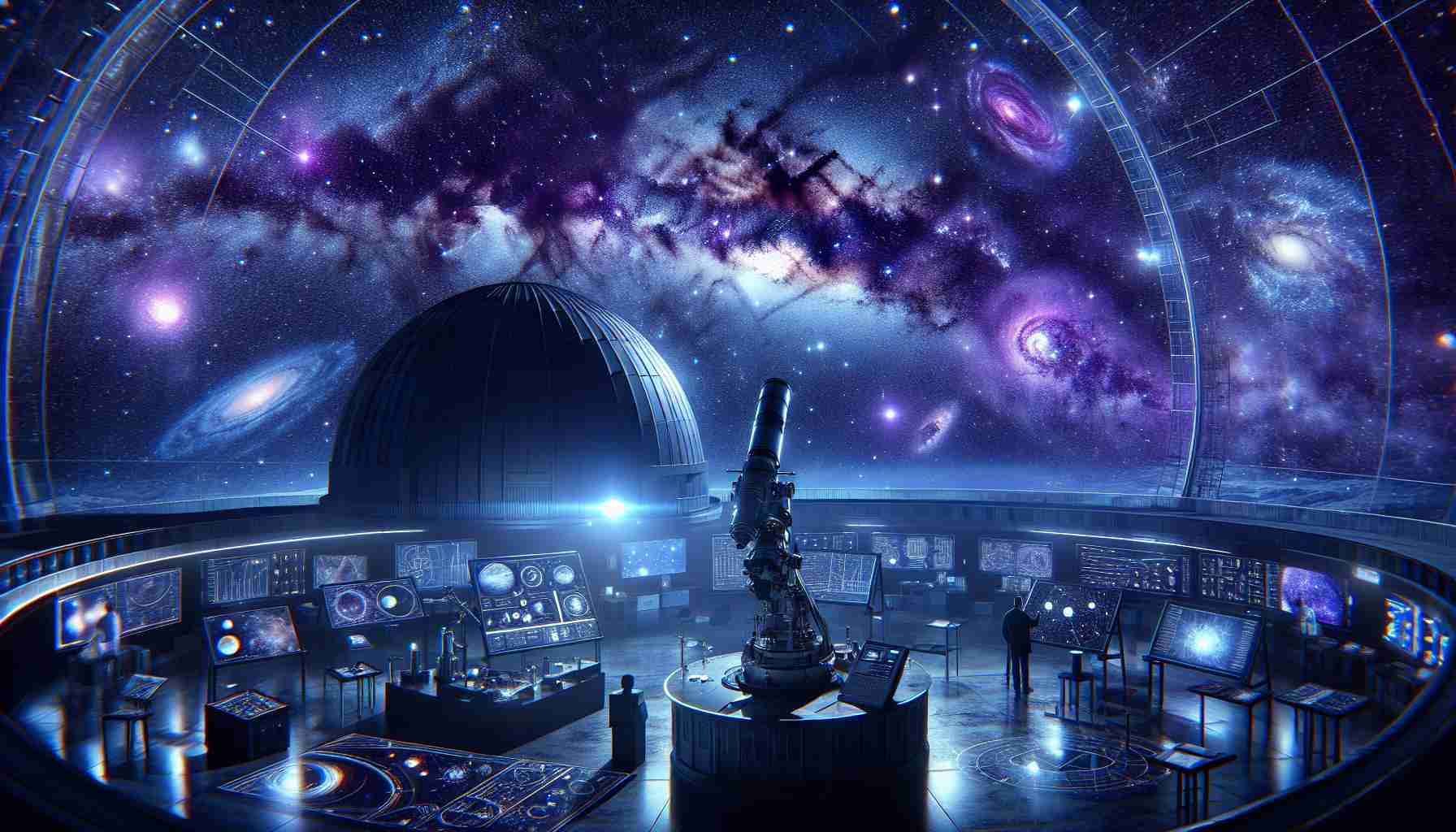 A highly detailed, photorealistic HD image capturing the theme of 'Exploring the Cosmos: A New Era in Astrophysics'. The scene should depict a vast outer space filled with galaxies, nebulae and far-flung astronomical structures. Foreground elements could include high-tech telescopic equipment and stargazers referencing various charts and graphs, potentially standing in an observatory with a large telescope. It is a night setting with the dome open and the stars are gleaming brightly. The color palette is full of deep indigo blues, vibrant purples, and sparkling whites, reflecting the beauty and mystery of the cosmos.