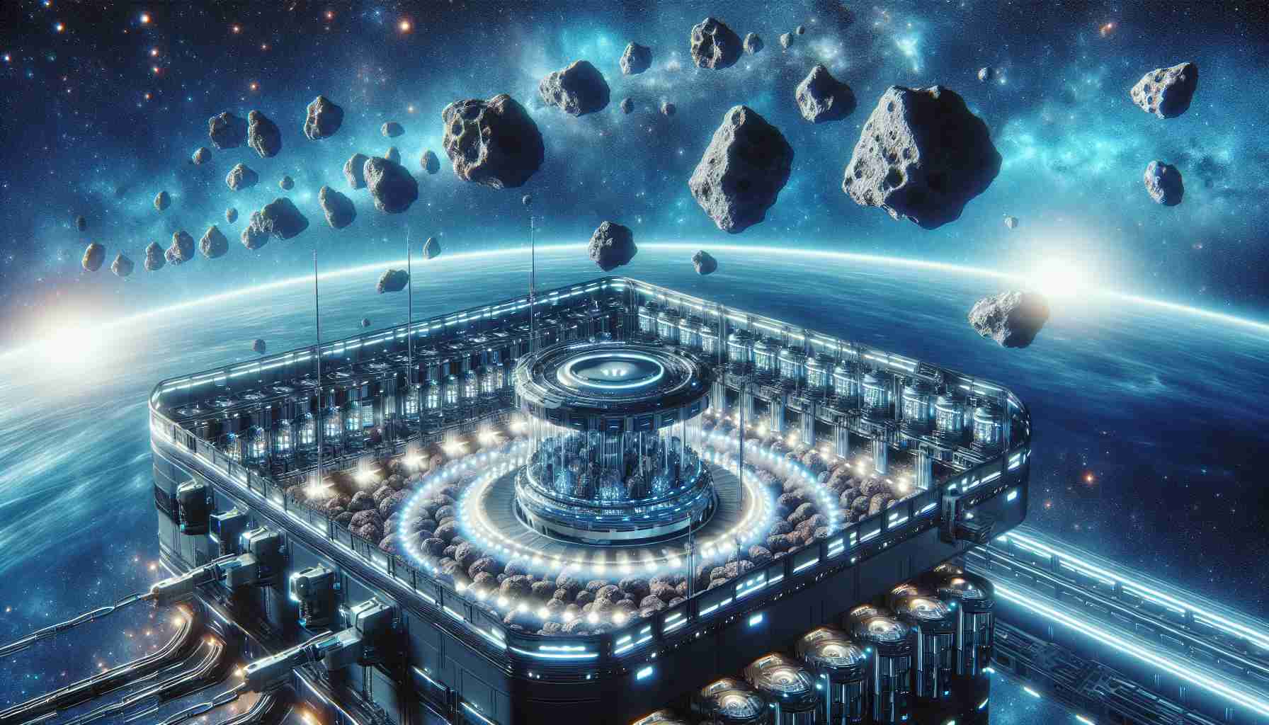 Generate an ultra-high definition, realistic image of a futuristic concept. Depict asteroids being processed in a high-tech facility in space. This facility is designed to convert asteroids into edible food for astronauts. The background should show the infinite expanse of space with numerous stars and distant cosmic bodies. This scene encapsulates an advanced solution to the challenge of sustaining future space explorers on long journeys.