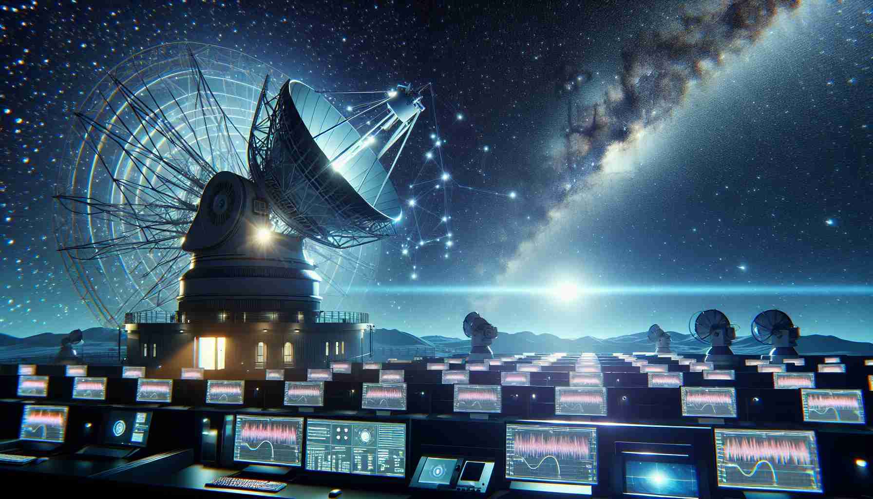 Render a high-definition, realistic illustration of the discovery of a hypervelocity object in space. Illustrate the moment when the telescopes and computers at an observatory on Earth capture data representing this rapid object. The image should show the night sky filled with stars and the observatory facilities actively monitoring. Feature a digital screen displaying the data graphs and figures that indicate the presence of the hypervelocity object.