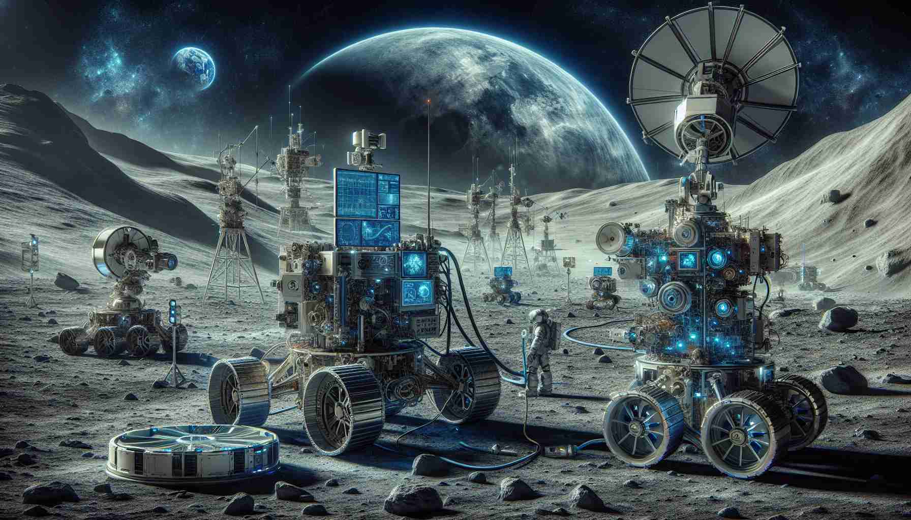 Generate a high-definition, realistic image showcasing advanced teleoperation systems revolutionizing moon exploration. The scene should depict complex machinery and devices designed for lunar navigation and research, from rovers with advanced sensor systems to communication devices facilitating real-time control and data transmission. The backdrop is dominated by the moon's barren landscape, with rugged terrains, deep craters, and distant moon mountains. One might see Earth in the far off, the blue orb lending a sense of scale and wonder to the explorational endeavors. The teleoperation systems might feature advanced humanoid robots working meticulously under human guidance, symbolizing a blend of technological marvel and human ingenuity.