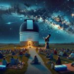 Create a highly detailed and realistic image showing a stargazing event at an observatory. Picture this: The night is dark and clear, full of countless twinkling stars against the deep blue-black canvas of the sky, the Milky Way stretching across it. The observatory in Wapakoneta, Ohio, stands tall and prime against this backdrop, with the impressive telescope pointed towards the sky. There are people of diverse ages and descents, both male and female, watching in awe and curiosity. Around them, there are picnic mats and blankets spread out, coolers with small snacks, and binoculars by their side.