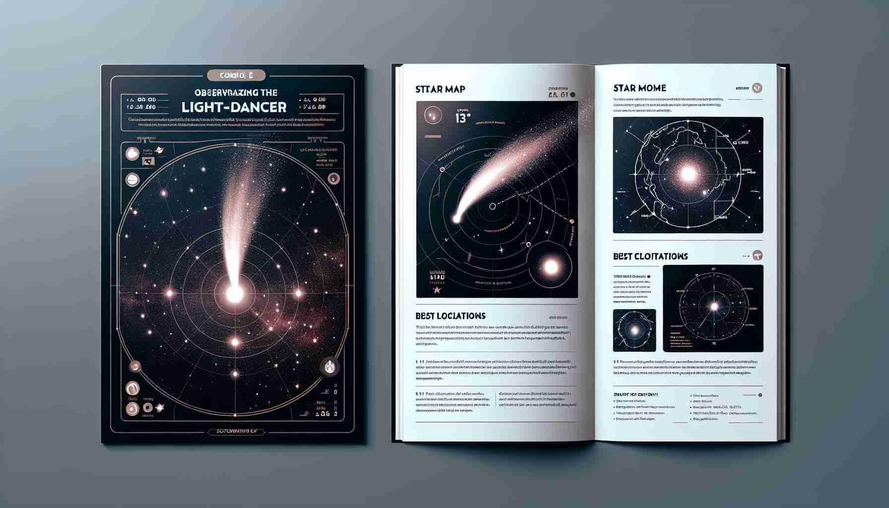 Create a realistic HD image of a guide meant for stargazers and astronomers. It should feature detailed information about observing a comet named the 'Light-Dancer'. The guide should include elements such as the star map, the ideal time for viewing, the best locations for observation, and a depiction of the comet itself with a bright, halo-like tail symbolizing light dancing. Maintain a sleek and modern aesthetic throughout the guide for easy readability.