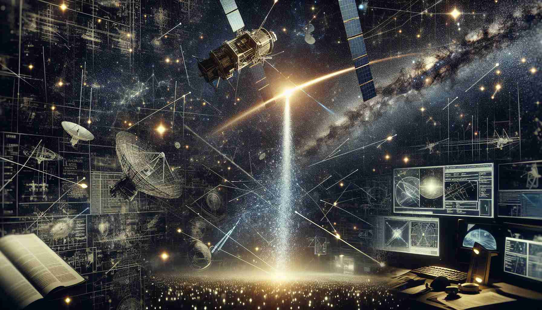 A high definition, realistic depiction of the impact of new satellite technologies on astronomy. The image should show the night sky, densely peppered with stars, with the sparkling trail of multiple satellites streaking across. Overlay these visuals with images representing the field of astronomy, such as telescopes peering into the heavens, research papers filled with celestial calculations, and astronomers observing the sky. To convey the concept of impact, intermingle these elements with symbols, such as a balance scale, depicting the trade-off between scientific advancement and unobstructed observation of the cosmos.