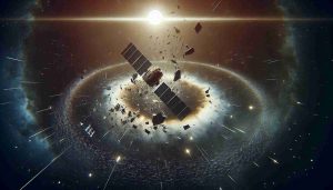 Generate a realistic, high-definition image of a satellite in deep space that has been shattered. The debris from the satellite floats around creating a circle. The stars twinkle in the infinite cosmos while the Moon is visible in the distance. A ray of sunlight cast a dramatic contrast in the scene.