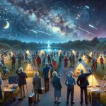 A high definition, hyper-realistic illustration representing a spectacular astronomy gathering in Cork. The image showcases an evening sky twinkling with constellations, planets and shooting stars as the backdrop, with various groups of people huddled together, pointing towards the celestial phenomena with curious excitement. In the foreground, there are different makeshift observatories with telescopes of various sizes, aiming at different points in the sky. Celestial maps and charts are visible on tables nearby. Enthusiastic amateur astronomers of various ages, genders, and descents, including Caucasian, Hispanic, Black, Middle-Eastern, and South Asian are all intensely engaged in stargazing.