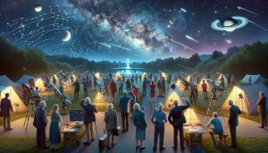 A high definition, hyper-realistic illustration representing a spectacular astronomy gathering in Cork. The image showcases an evening sky twinkling with constellations, planets and shooting stars as the backdrop, with various groups of people huddled together, pointing towards the celestial phenomena with curious excitement. In the foreground, there are different makeshift observatories with telescopes of various sizes, aiming at different points in the sky. Celestial maps and charts are visible on tables nearby. Enthusiastic amateur astronomers of various ages, genders, and descents, including Caucasian, Hispanic, Black, Middle-Eastern, and South Asian are all intensely engaged in stargazing.