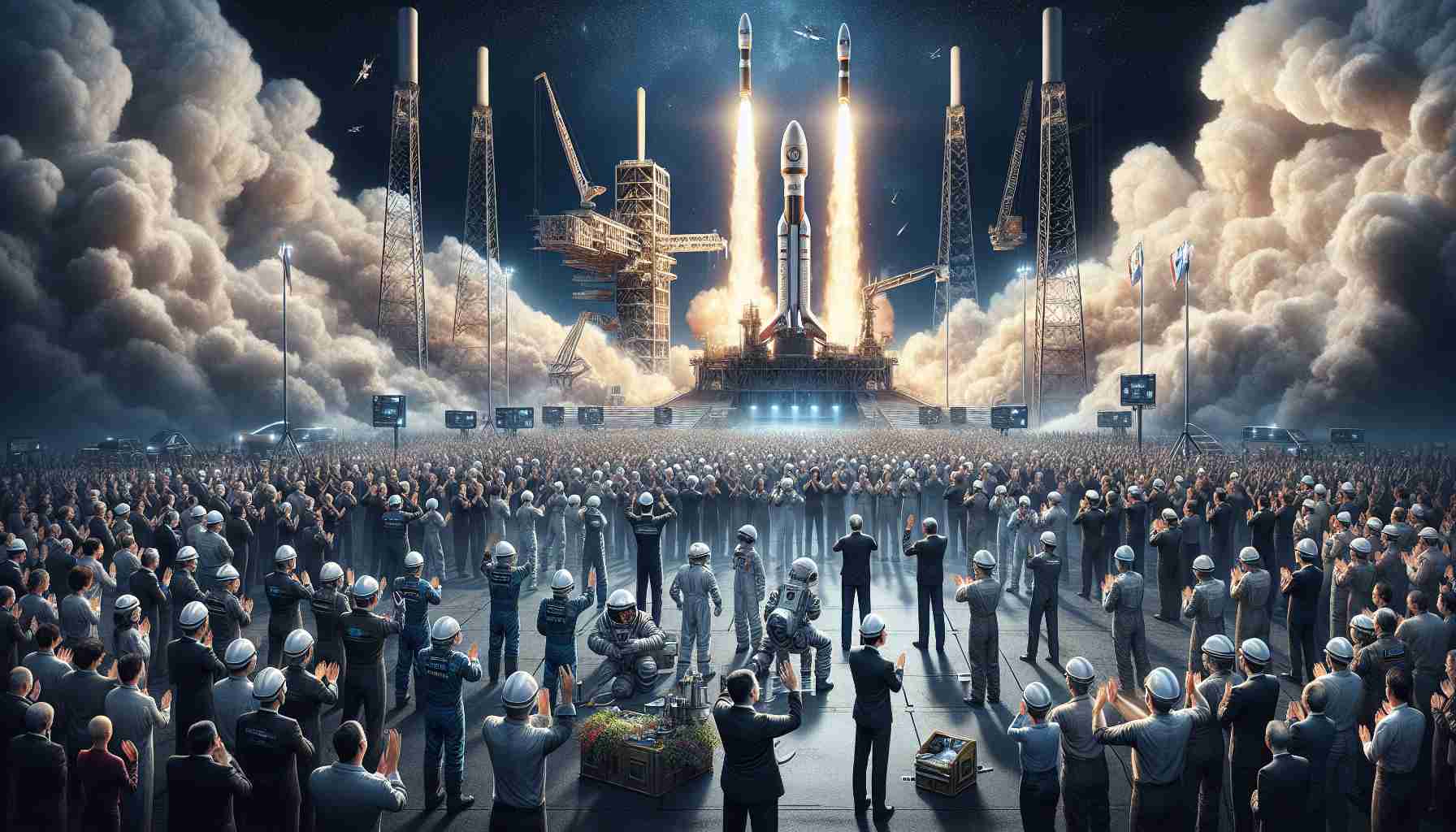 A highly detailed and realistic picture of a major space exploration company celebrating a milestone: their 100th rocket launch. The image captures the jubilation and excitement of the moment, with engineers, scientists, and other staff proudly gathered around the launch site. The rocket is poised on the launchpad, ready for take-off. Fire and smoke billow out as the countdown reaches zero, adding dramatic effect to the celebratory scene.