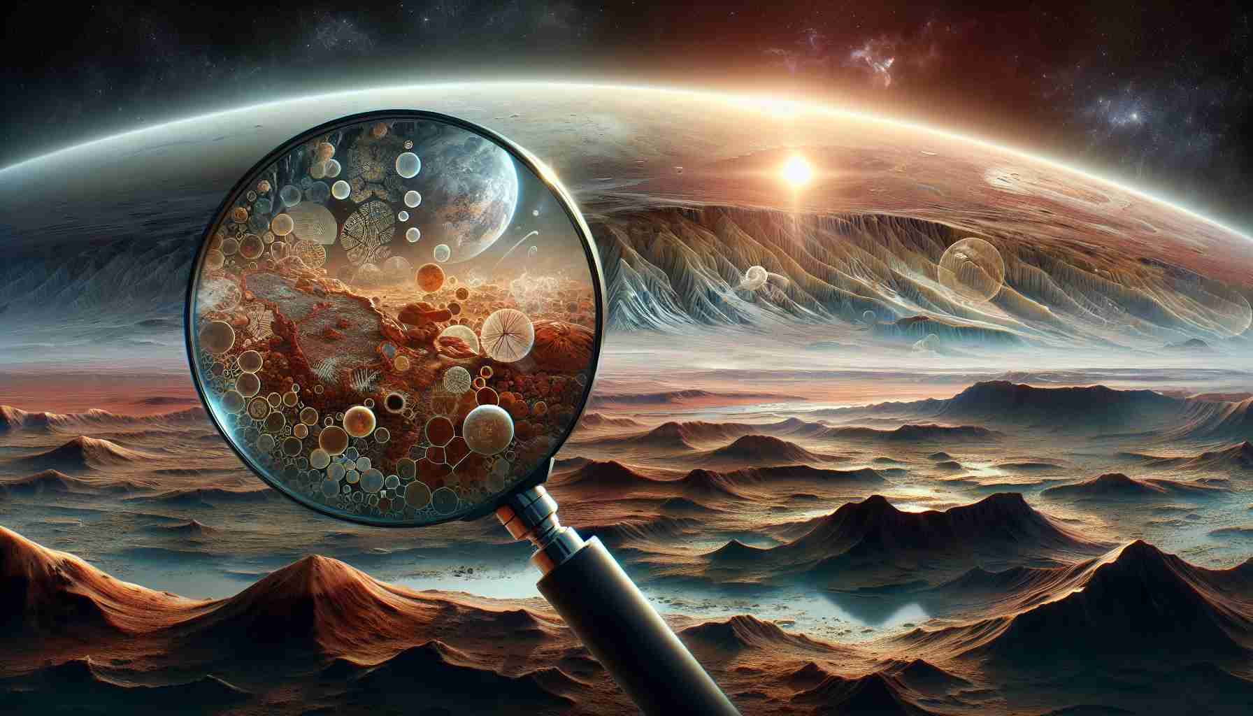 Generate a highly detailed, realistic picture portraying the unravelling of mysteries surrounding Mars's past climate. The image could include elements such as a magnifying glass on the surface of the red planet, highlighting fossilized microbial life or ancient riverbeds. The backdrop reveals the vast barren landscape of Mars, with its distinctive iron-oxide-rich soil, where hints of weather patterns and climate shifts can be inferred from the terrain. The Martian sky could glow with an eerie luminescence, indicating the weak sunlight and thin atmosphere. Consider the image as a representation of new and ground-breaking scientific discoveries about Mars's ancient climatic conditions.