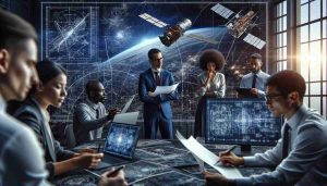 A high-definition image that realistically portrays the concept of revolutionary space technology and how it presents new opportunities for defense contractors. The scene includes blueprints of new satellite designs, screens displaying trajectories of satellites in orbit, a diverse team of defense contractors - a Caucasian male aerospace engineer discussing the blueprint, a Black female physicist working on advanced mathematical equations, a South Asian male innovative strategist looking at the business model, and a Middle Eastern female electronic engineer working on circuit design. They all look focused and passionate about their work, suggesting a new era of opportunities in space technology.