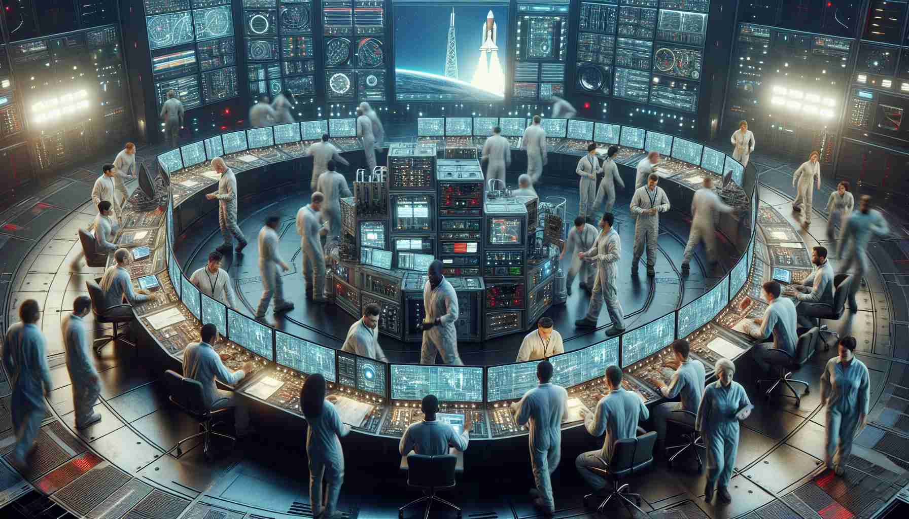 High-definition, realistic image depicting the concept of 'Rocket Launch Updates': A diverse group of crew members representative of various descents such as Asian, African, Caucasian, and Hispanic are preparing for their return mission. They are efficiently hustling around in the launch control room brimming with advanced machinery and large digital screens flashing with mission parameters.