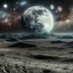 High definition realistic portrayal of an enchanting lunar night. The vast expanse of the moon's desolate landscape in the foreground, with dusty grey craters, rugged mountain ranges and flat lunar maria under the ghostly night sky. Various celestial entities such as distant stars, galaxies, and nebulae flirt with visibility in the inky blackness above. Elements of mystery and exploring are added by presenting numerous footprints leading into an unexplored territory, suggesting a lone explorer's journey.