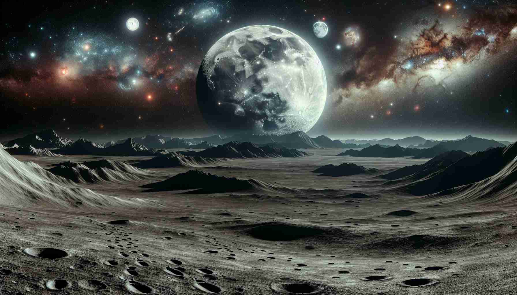 High definition realistic portrayal of an enchanting lunar night. The vast expanse of the moon's desolate landscape in the foreground, with dusty grey craters, rugged mountain ranges and flat lunar maria under the ghostly night sky. Various celestial entities such as distant stars, galaxies, and nebulae flirt with visibility in the inky blackness above. Elements of mystery and exploring are added by presenting numerous footprints leading into an unexplored territory, suggesting a lone explorer's journey.