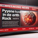 High-definition realistic photograph of a screen showcasing a breaking news headline: 'Pyrene Found in Ancient Earth Rock'. The layout should portray urgency associated with breaking news, involving bold typography, vibrant red color for the alert headline, and an image of the ancient earth rock in the background.