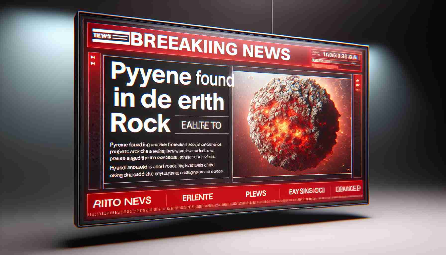 High-definition realistic photograph of a screen showcasing a breaking news headline: 'Pyrene Found in Ancient Earth Rock'. The layout should portray urgency associated with breaking news, involving bold typography, vibrant red color for the alert headline, and an image of the ancient earth rock in the background.