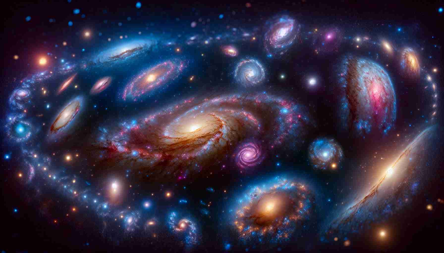 Develop a hyper-realistic, high-definition image depicting the unique splendor of ancient galaxies. Include several old galaxies scattered across the dark cosmos. These galaxies should be of various shapes- elliptical, spiral, and irregular. Each galaxy should feature a vibrant center and be glowing with radiant starlight. The color palette is dynamic: cool blues, warm pinks, luminous yellows and vibrant purples are scattered throughout to show the diverse composition of these celestial bodies. The image captures the expansive scope and mesmerizing beauty of the universe, while evoking the mysterious allure of the ancient cosmos that predates human existence.