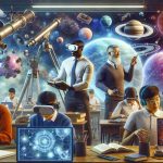 A Hyper-realistic HD image depicting the intersection of technology and astronomy as it pertains to advancements in education. The image should convey a dynamic classroom environment where students of diverse descents are engaging with technology like virtual reality headsets, telescopes, planetarium software. Teachers, both a black male and an Asian female, are assisting in the interactive learning. Both tech gadgets and celestial bodies are clearly visible to emphasize the interconnection. It should also include a digital smart board displaying astronomy-related content. The color palette should be rich and vibrant.