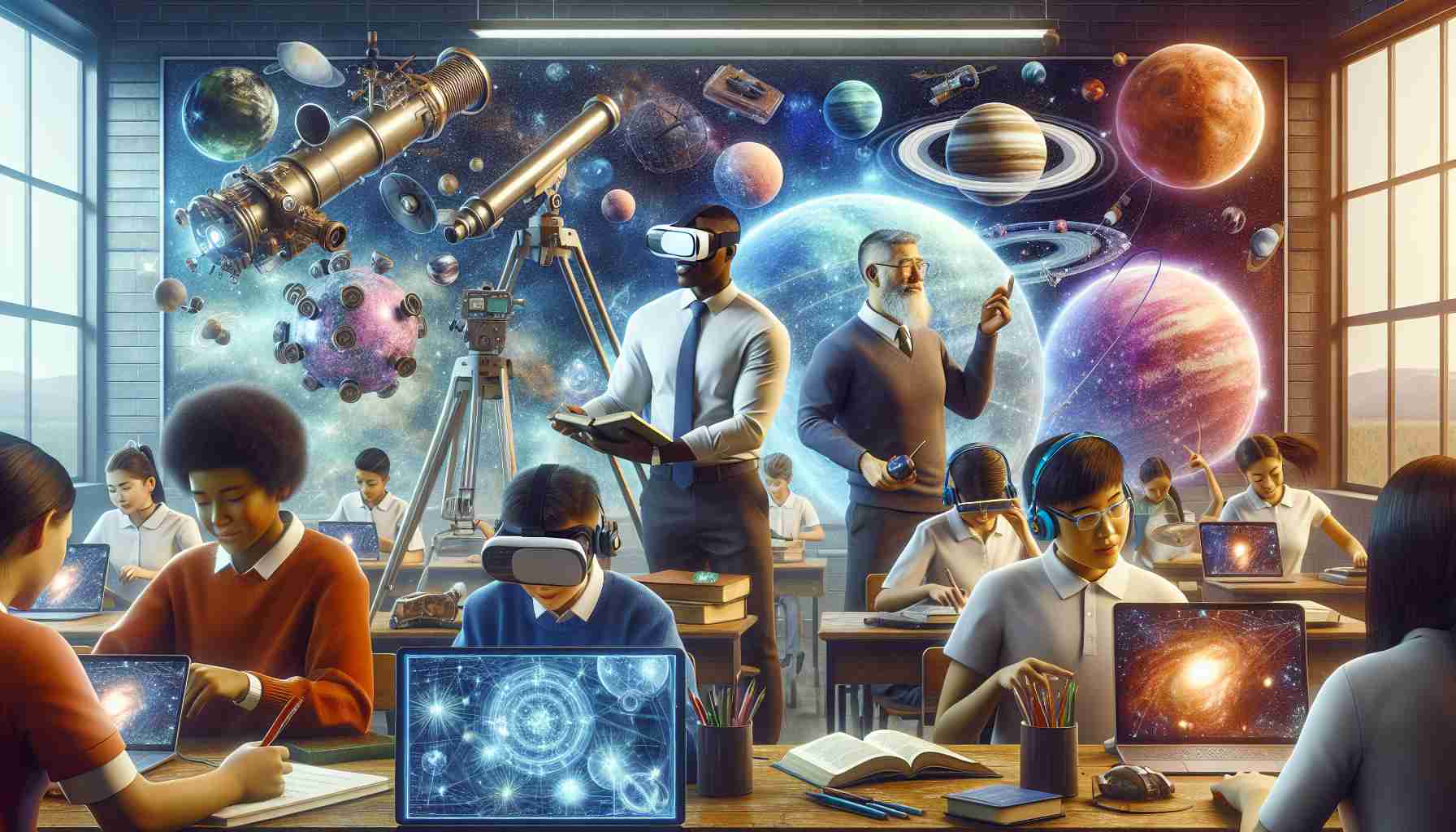 A Hyper-realistic HD image depicting the intersection of technology and astronomy as it pertains to advancements in education. The image should convey a dynamic classroom environment where students of diverse descents are engaging with technology like virtual reality headsets, telescopes, planetarium software. Teachers, both a black male and an Asian female, are assisting in the interactive learning. Both tech gadgets and celestial bodies are clearly visible to emphasize the interconnection. It should also include a digital smart board displaying astronomy-related content. The color palette should be rich and vibrant.