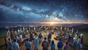 Realistic, high-definition image of a scene illustrating a congregation of astronomy enthusiasts under a starlit sky. The group, constituted of men, women, and children of diverse descents such as Caucasian, Hispanic, Black, Middle Eastern, and South Asian, are gathered in anticipation of a learning experience. They are equipped with telescopes, binoculars, and are pointing towards various constellations. The atmosphere is calm and filled with wonder, supplemented by the panoramic view of the clear, night sky canvas adorned with twinkling stars.