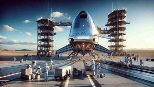 High-definition image demonstrating the preparations for a groundbreaking launch test of a futuristic, privately-owned, reusable spaceship. The scene includes maintenance crew working diligently on the sleek spaceships on the launchpad, with a clear blue sky in the background.