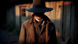 Generate a realistic HD image of an unidentifiable mysterious guest. The guest is dressed in an early 19th-century attire with slightly worn-out details, suggesting a long journey. The evening light casts long shadows on the guest's high-collared coat. Their broad-brimmed hat obscures their face, adding another layer of mystery to their identity. The background is a simple rustic scene suggesting an uneventful country setting.