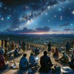 A high-definition, realistic portrayal of a variety of stargazers awaiting a celestial spectacle. The scene depicts a clear, unpolluted night sky filled with vibrant constellations, glistening stars, and a mesmerizing astronomical event imminent. The crowd comprises people of different descents like Caucasian, Hispanic, Black, Middle-Eastern, South Asian, and East Asian, all eagerly watching, with their eyes glued to the sky. They are equipped with telescopes, binoculars, and star maps, reflecting various levels of astronomy enthusiasts from amateur to professional. The landscape around them is desolate but beautiful, possibly a remote area away from city lights.