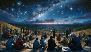 A high-definition, realistic portrayal of a variety of stargazers awaiting a celestial spectacle. The scene depicts a clear, unpolluted night sky filled with vibrant constellations, glistening stars, and a mesmerizing astronomical event imminent. The crowd comprises people of different descents like Caucasian, Hispanic, Black, Middle-Eastern, South Asian, and East Asian, all eagerly watching, with their eyes glued to the sky. They are equipped with telescopes, binoculars, and star maps, reflecting various levels of astronomy enthusiasts from amateur to professional. The landscape around them is desolate but beautiful, possibly a remote area away from city lights.